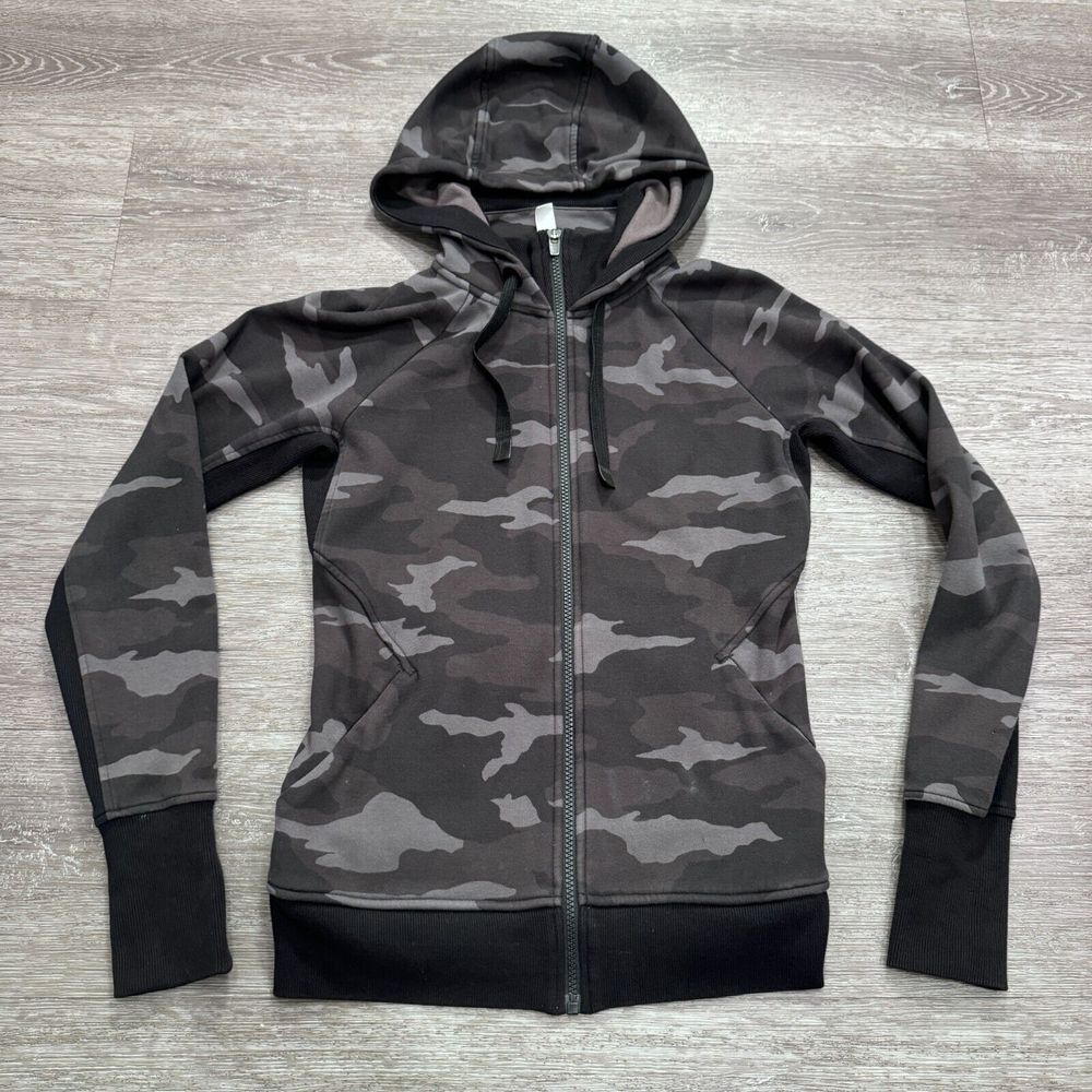 Athleta Stronger Hoodie Women S Gray‎ Camo Cotton Poly Fleece Zip Up Activewear